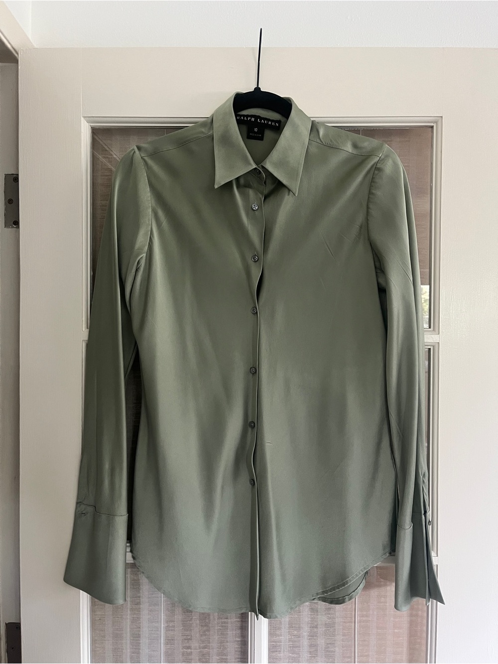Ralph Lauren Black Label Sage Green Silk Button-Down Blouse